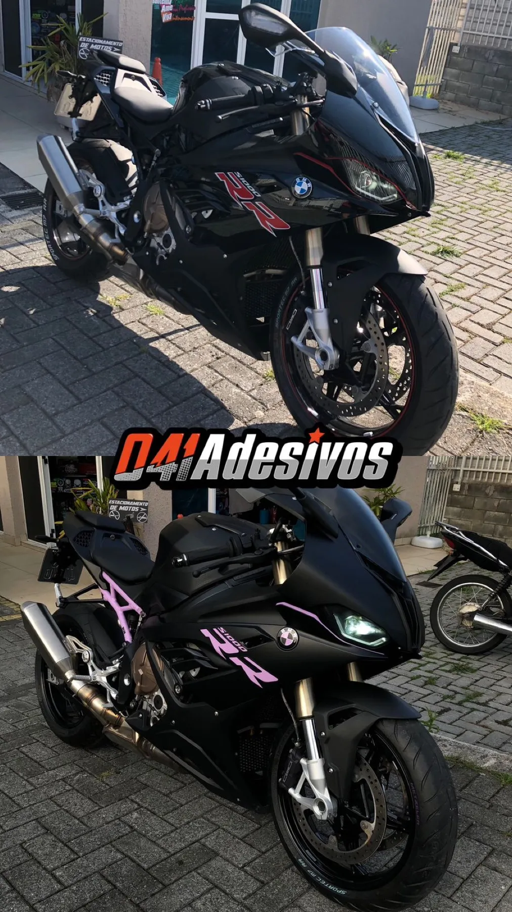 BMW S1000RR preta antes e depois com grafismos em rosa