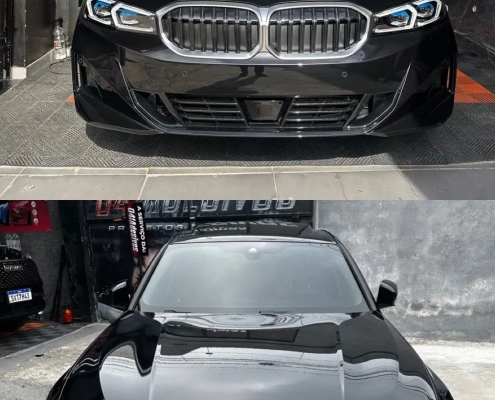 BMW Série 3 preto antes e depois de blackout na grade