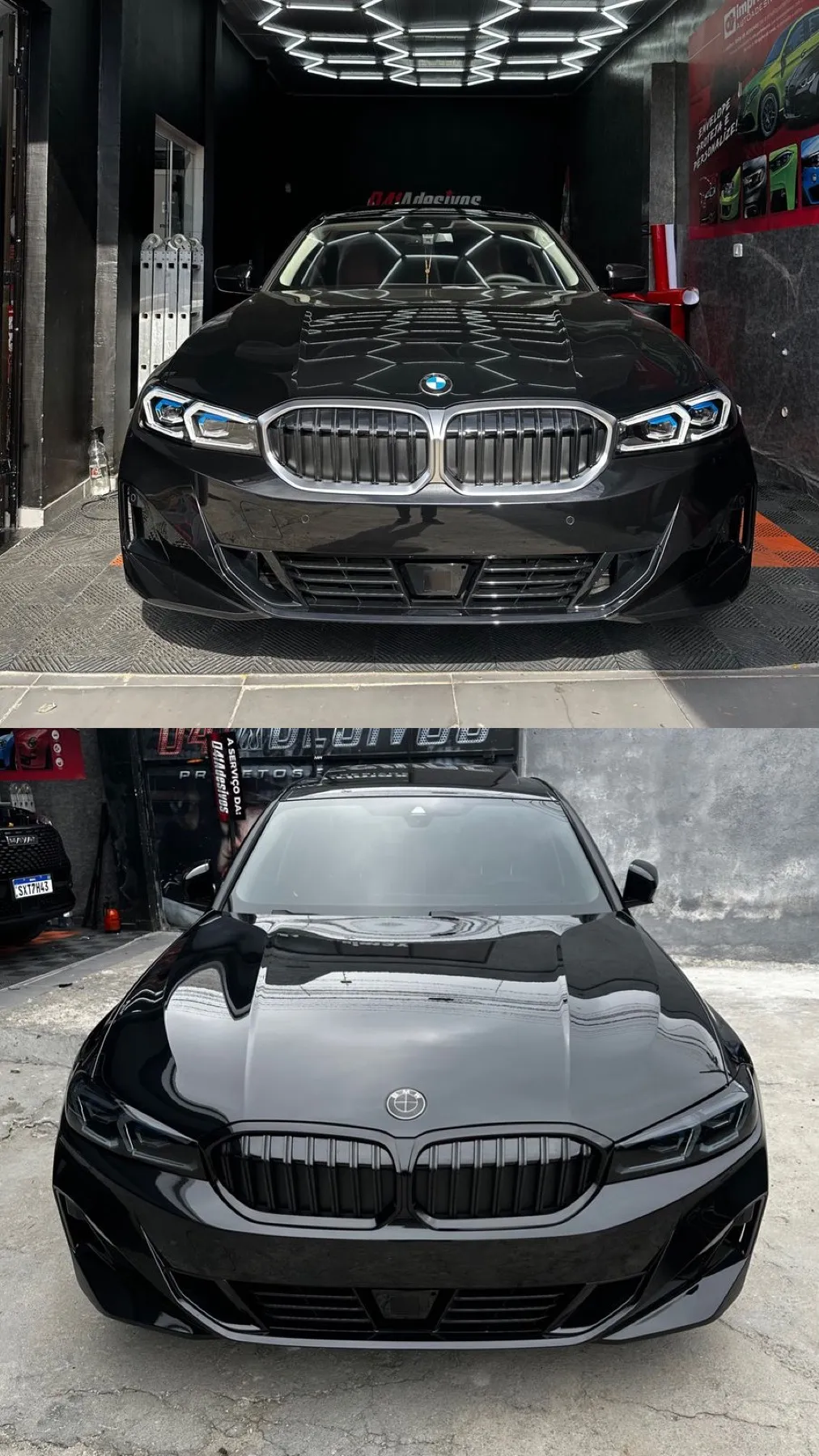 BMW Série 3 preto antes e depois de blackout na grade
