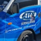 Mini caminhão azul plotado para AW Serralheria com contatos