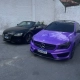 Mercedes-Benz CLA roxo metálico ao lado de Audi TT preto