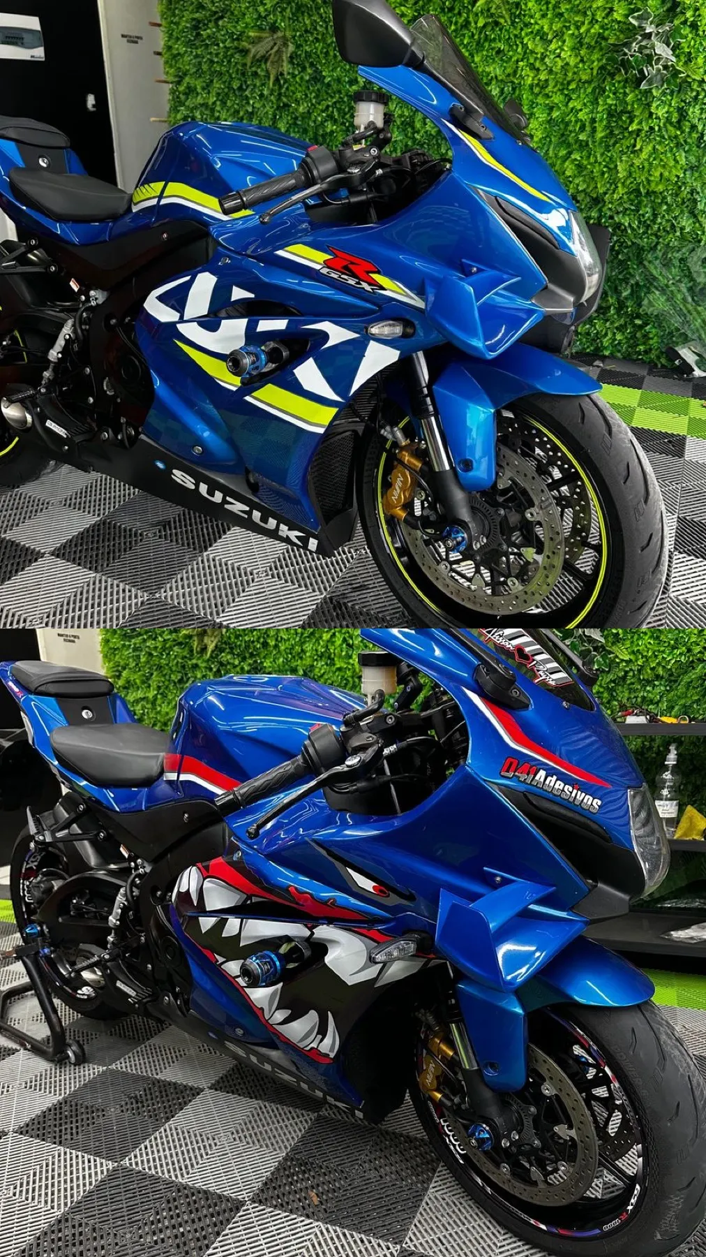 Suzuki GSX-R azul com adesivos e shark mouth